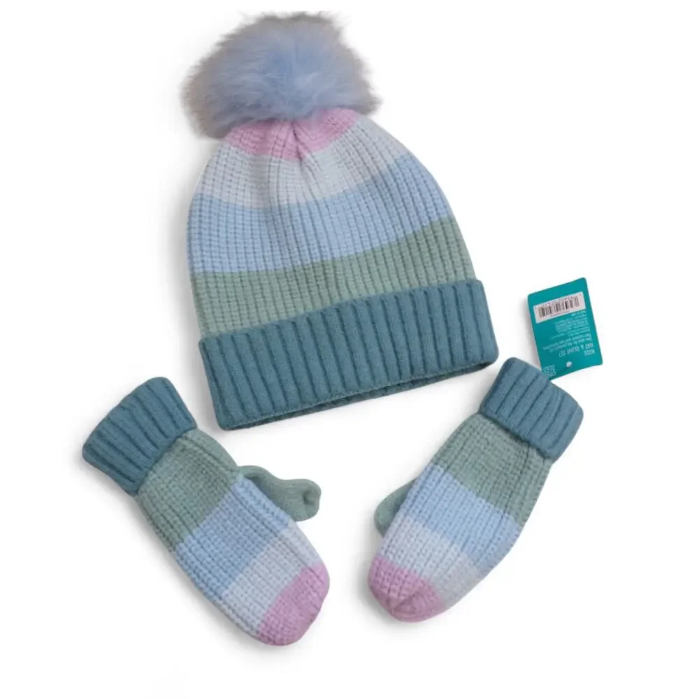 West Loop Girl's Ribbed Hat Mitten Set Pastel Stripes Teal Blue Green Lavender